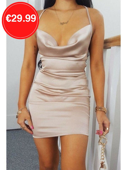 Nude Cowl Neck Bodycon Satin Mini Dress