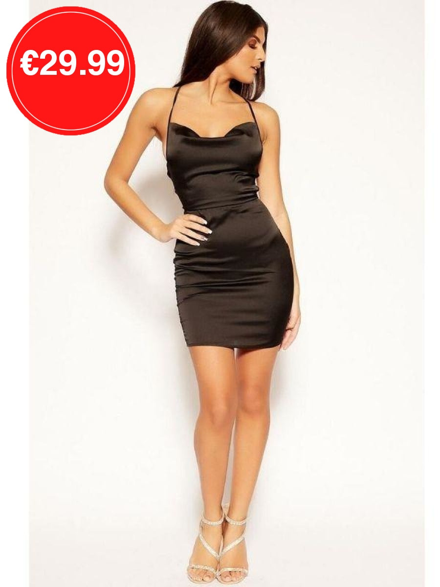 Black Cowl Neck Bodycon Satin Mini Dress