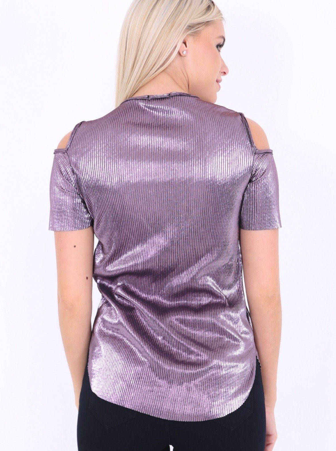 Pink Metallic Pleated Cut Shoulder Top