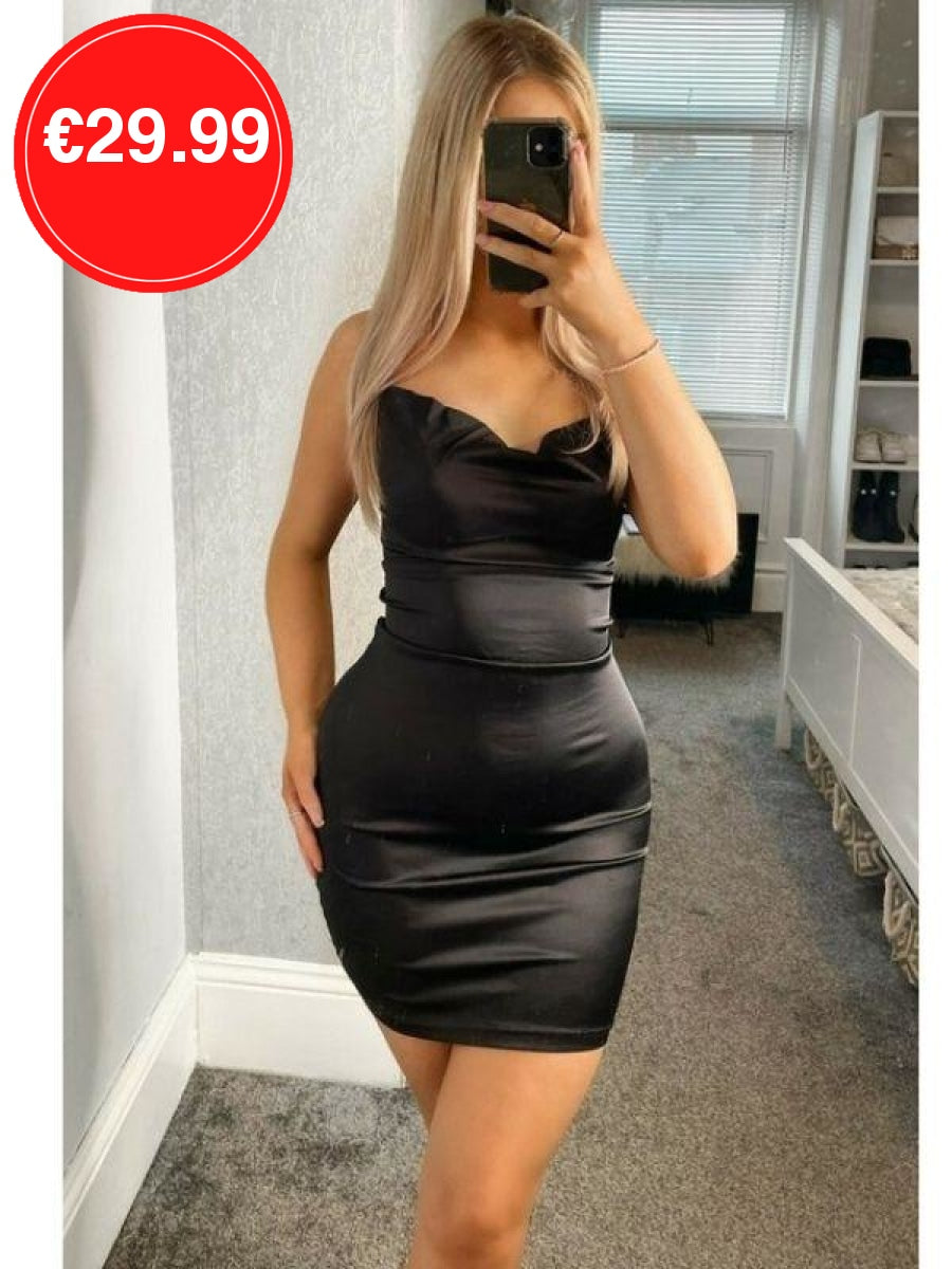 Black Cowl Neck Bodycon Satin Mini Dress