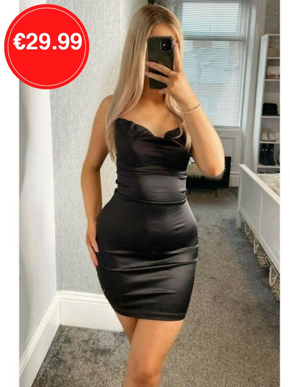 Black Cowl Neck Bodycon Satin Mini Dress