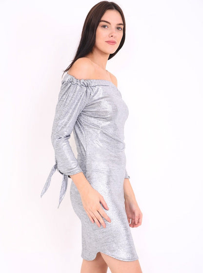 Silver Metallic Tie Knot Sleeve Bardot Dress