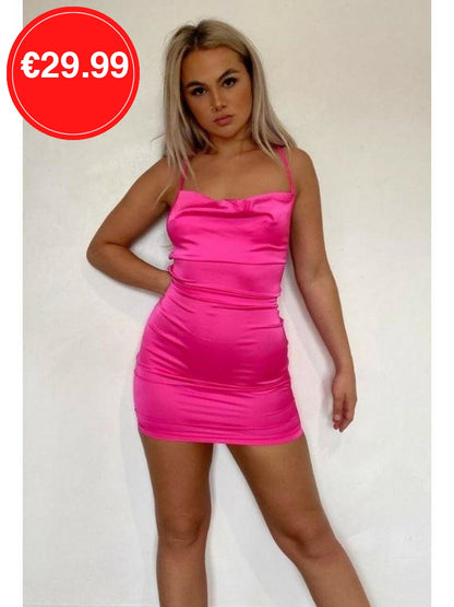 Pink Cowl Neck Bodycon Satin Mini Dress