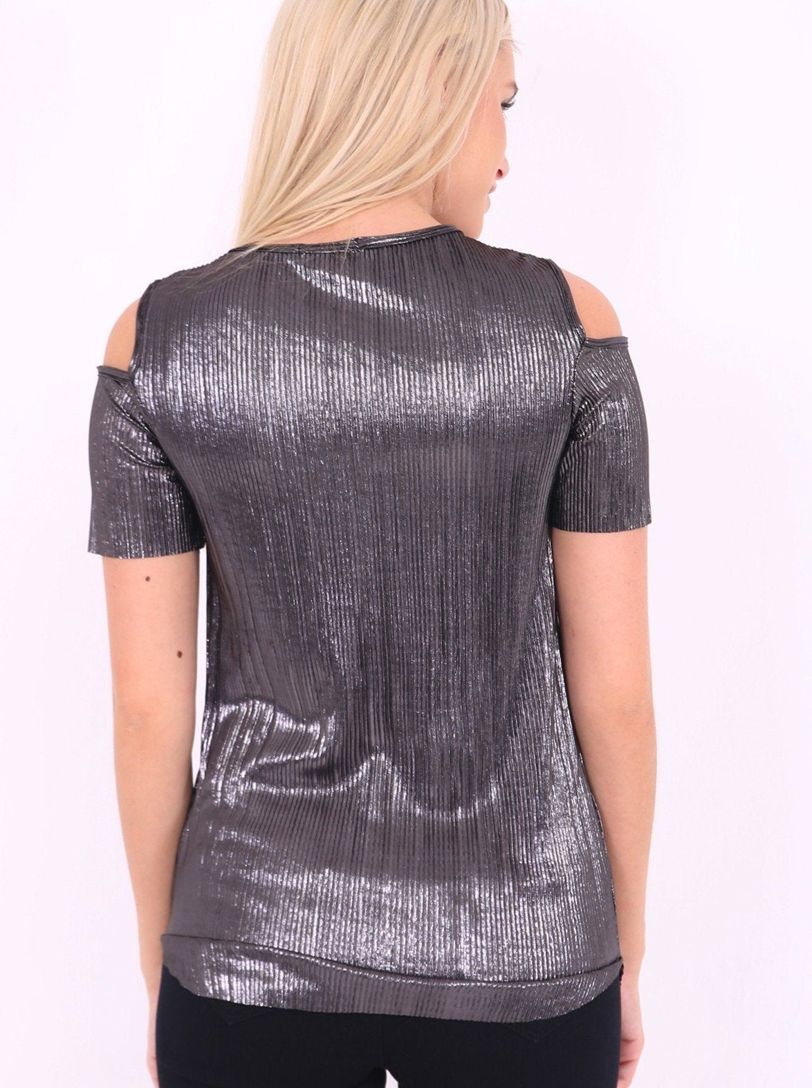 Black Metallic Pleated Cut Shoulder Top