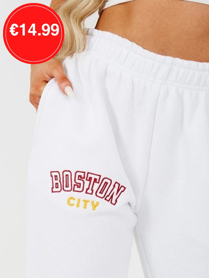 BOSTON Embroidered Fleece Joggers-White