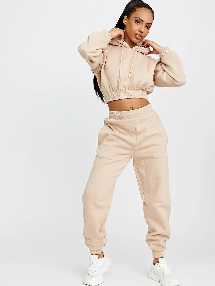 Beige Cropped Hoodie & Jogger Fleece Loungewear Co-ord