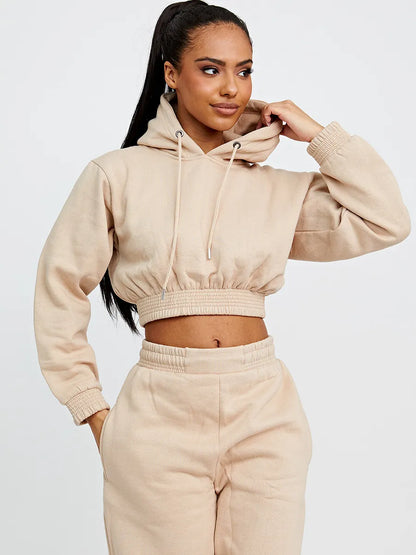 Beige Cropped Hoodie & Jogger Fleece Loungewear Co-ord