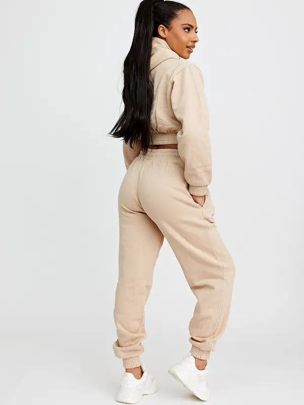 Beige Cropped Hoodie & Jogger Fleece Loungewear Co-ord