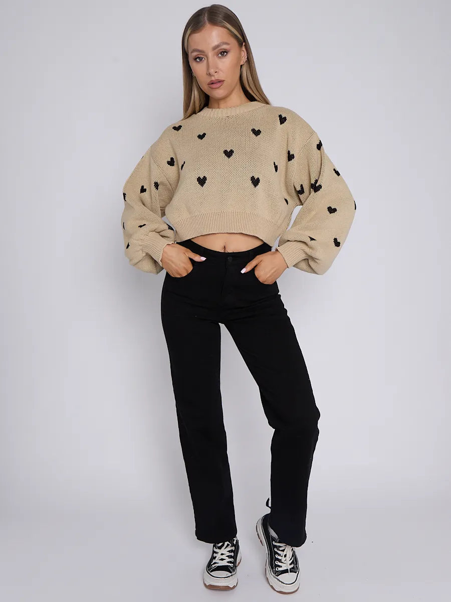 Beige Love Heart Detail Oversized Cropped Knitted Jumper