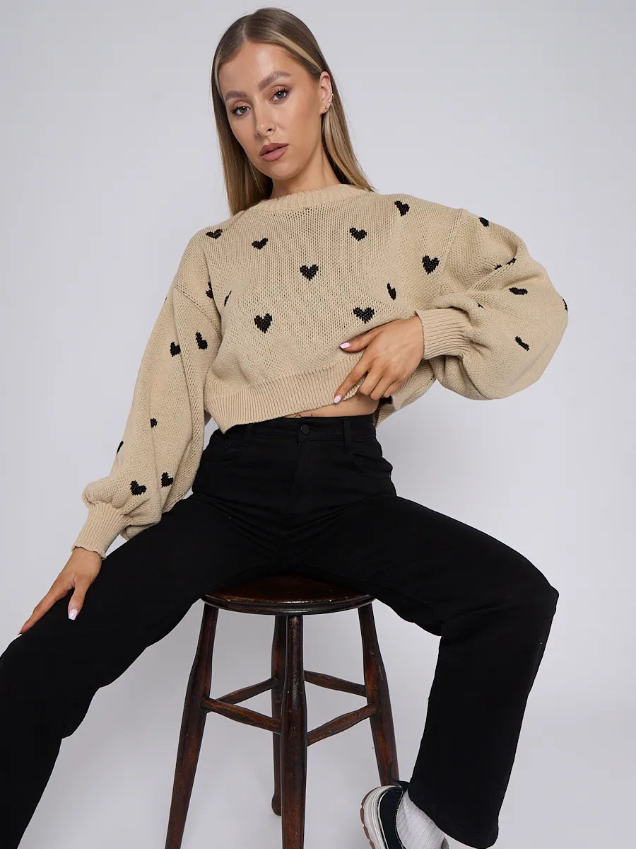 Beige Love Heart Detail Oversized Cropped Knitted Jumper