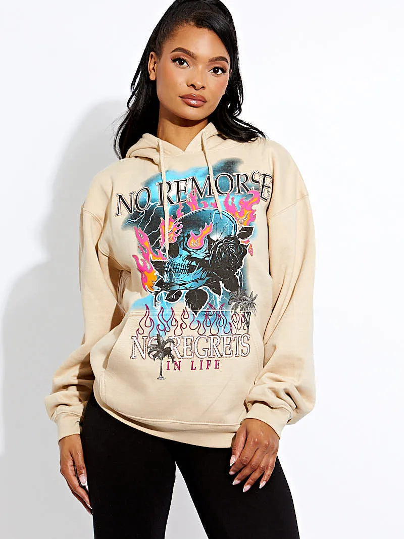 Beige No Remorse Skull Graphic Print Hoodie