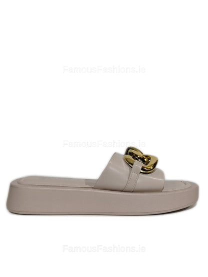 Nude Thick Sole Platform Sliders with Gold Buckle 