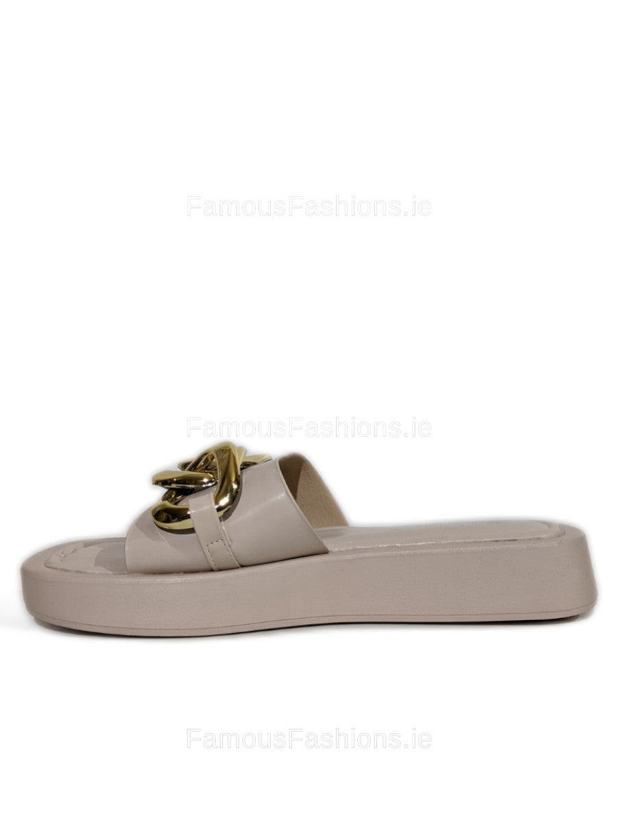 Nude Thick Sole Platform Sliders with Gold Buckle 