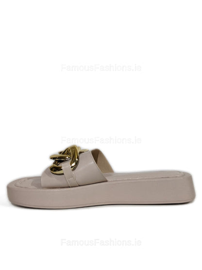 Nude Thick Sole Platform Sliders with Gold Buckle 