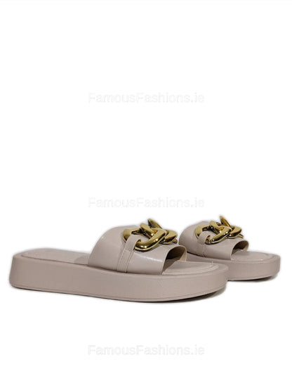 Nude Thick Sole Platform Sliders with Gold Buckle 