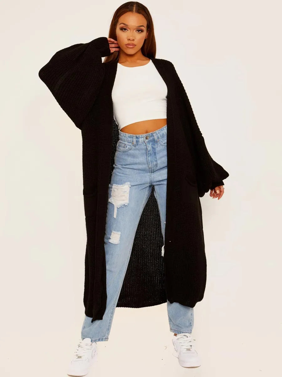 Black Balloon Sleeves Knitted Longline Open Cardigan