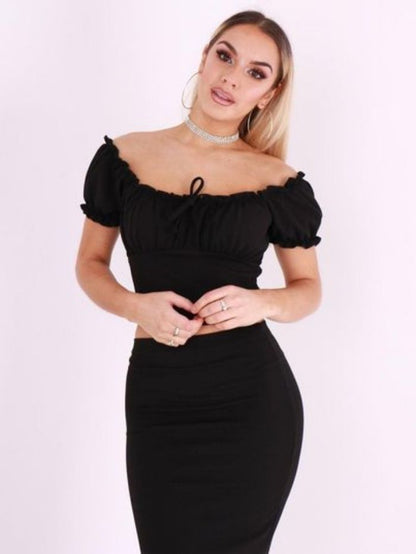 Black Ruffle Bardot Crop Top