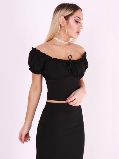 Black Bardot Ruffle Hem Crop Top