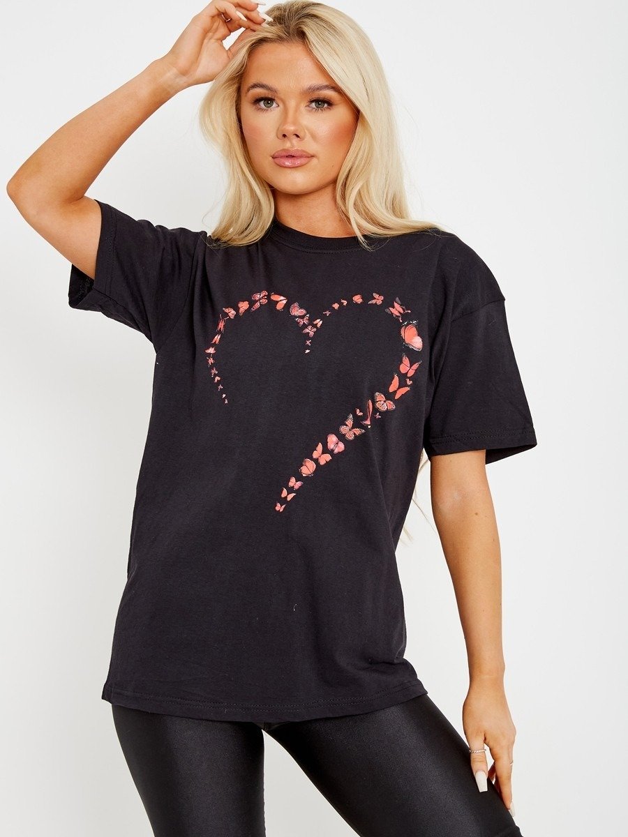 Black Butterfly Heart Graphic T-Shirt