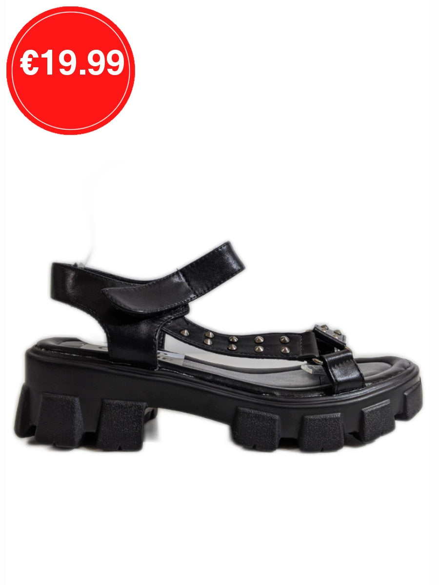 Black Chunky Platform Track Sole Studded Sandals