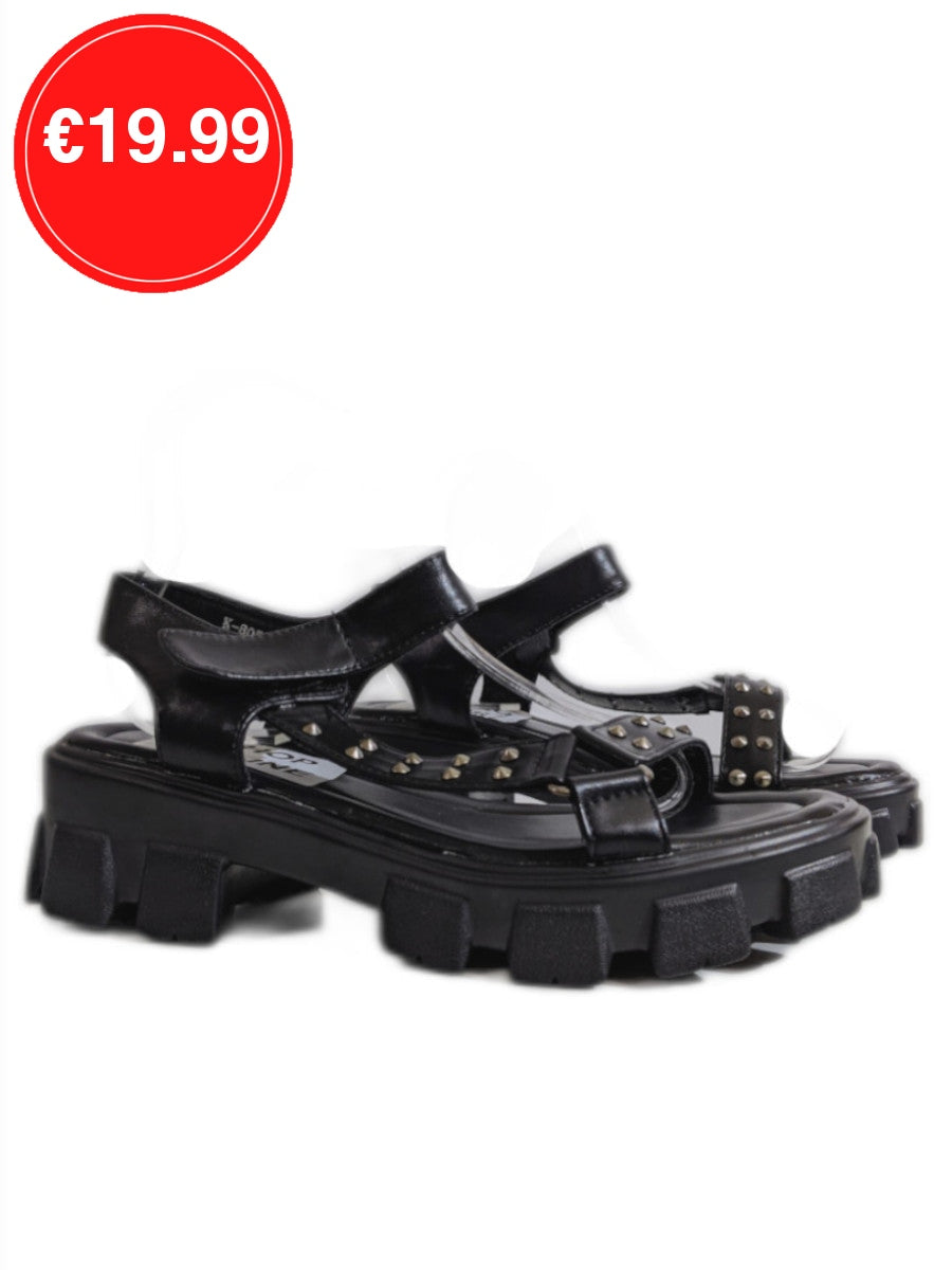 Black Chunky Platform Track Sole Studded Sandals