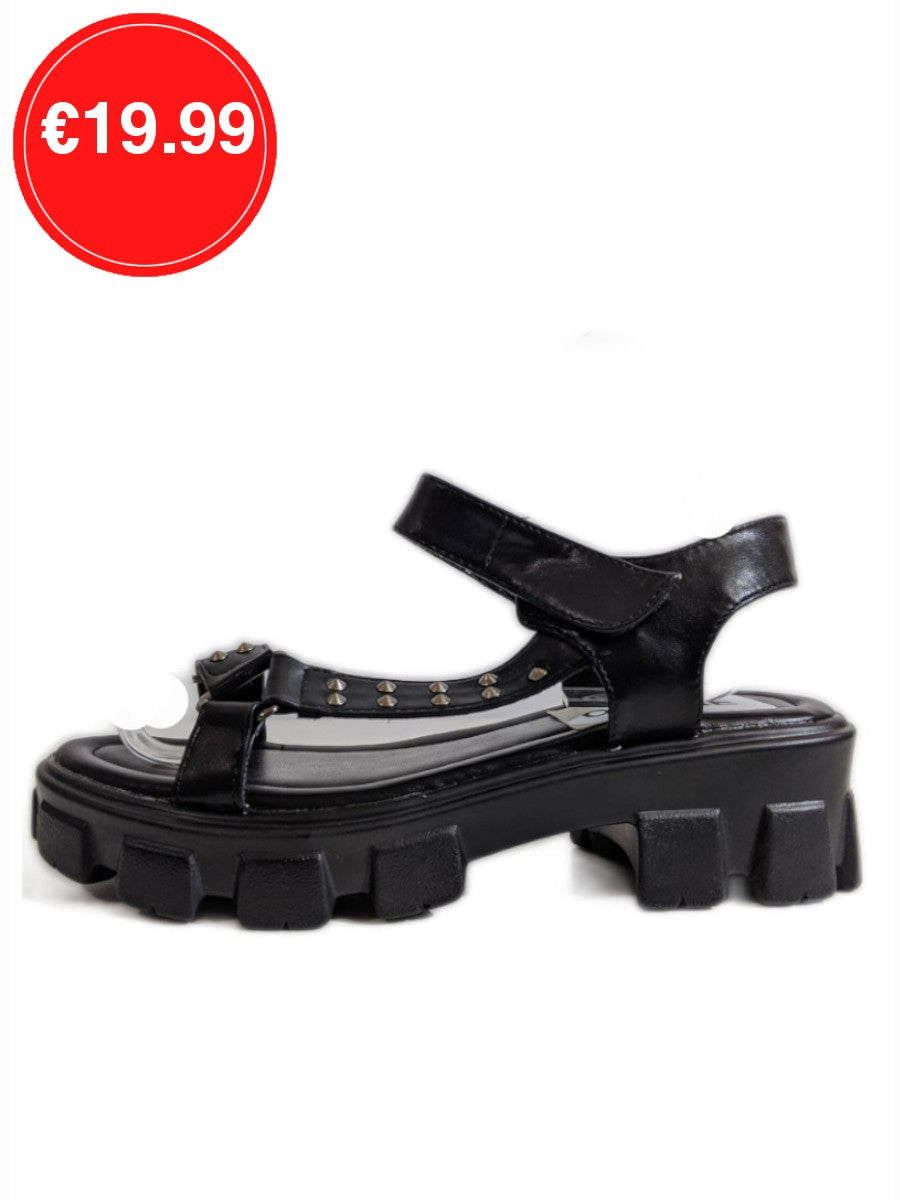 Black Chunky Platform Track Sole Studded Sandals