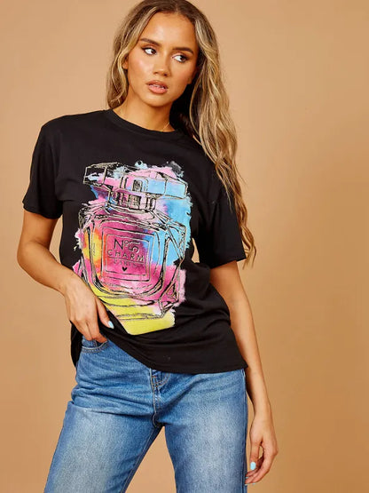 Black Colourful Perfume Graphic Glitter Detail T-Shirt