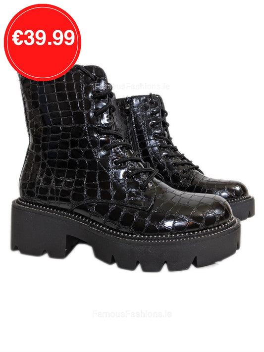 Black Patent Croc Lace Up Chunky Biker Ankle Boots