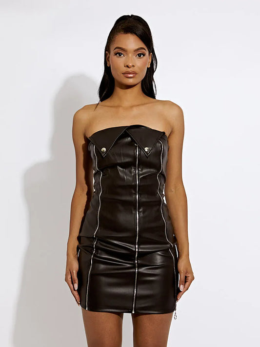 Black Faux Leather Strapless Bandeau Zipper Bodycon Dress