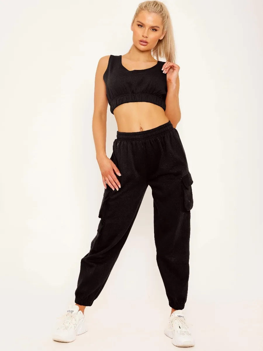 Black Fleeced Crop Top & Cargo Jogger Set