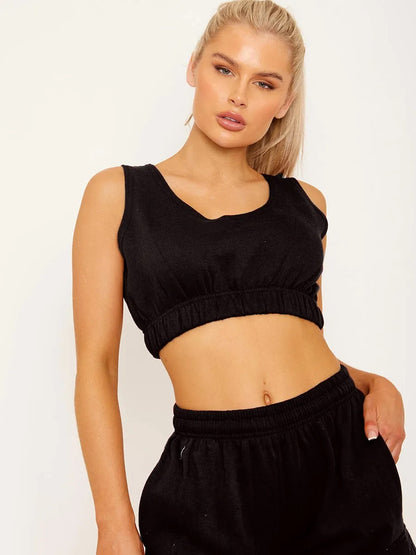 Black Fleeced Crop Top & Cargo Jogger Set