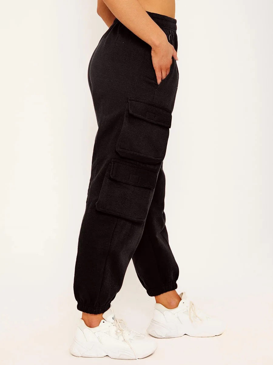 Black Fleeced Crop Top & Cargo Jogger Set