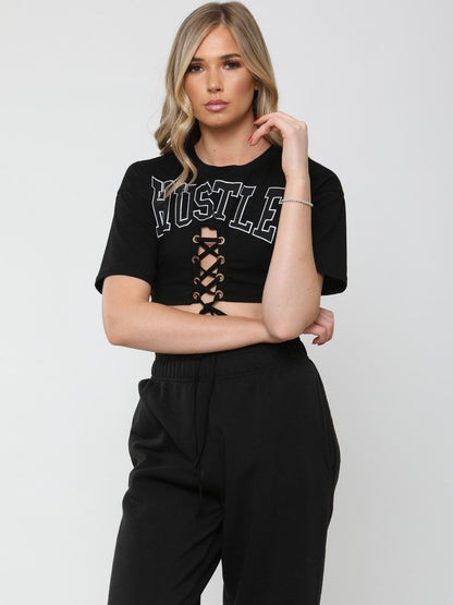 Black Hustle Graphic Eyelet Crop Top