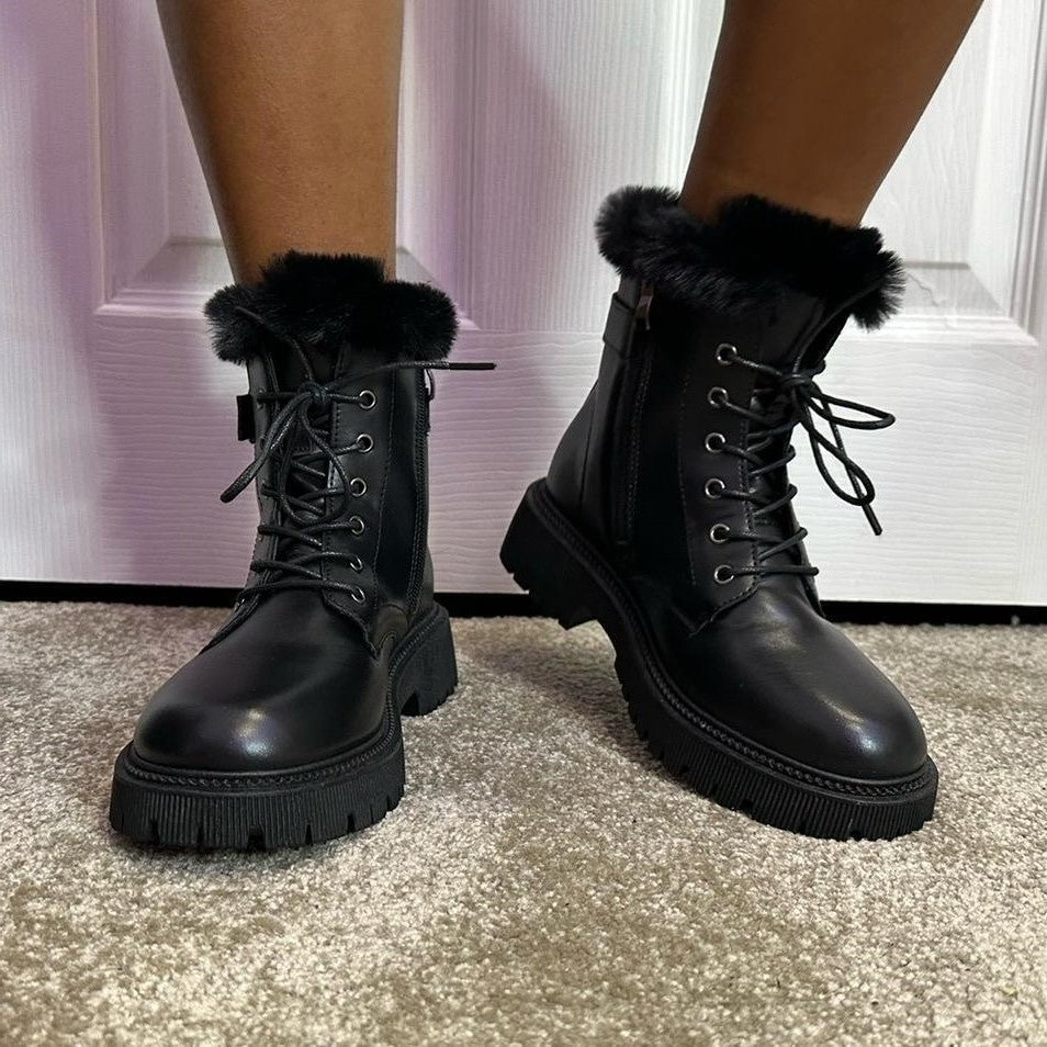 Black Lace Up Chunky Fur Ankle Boots