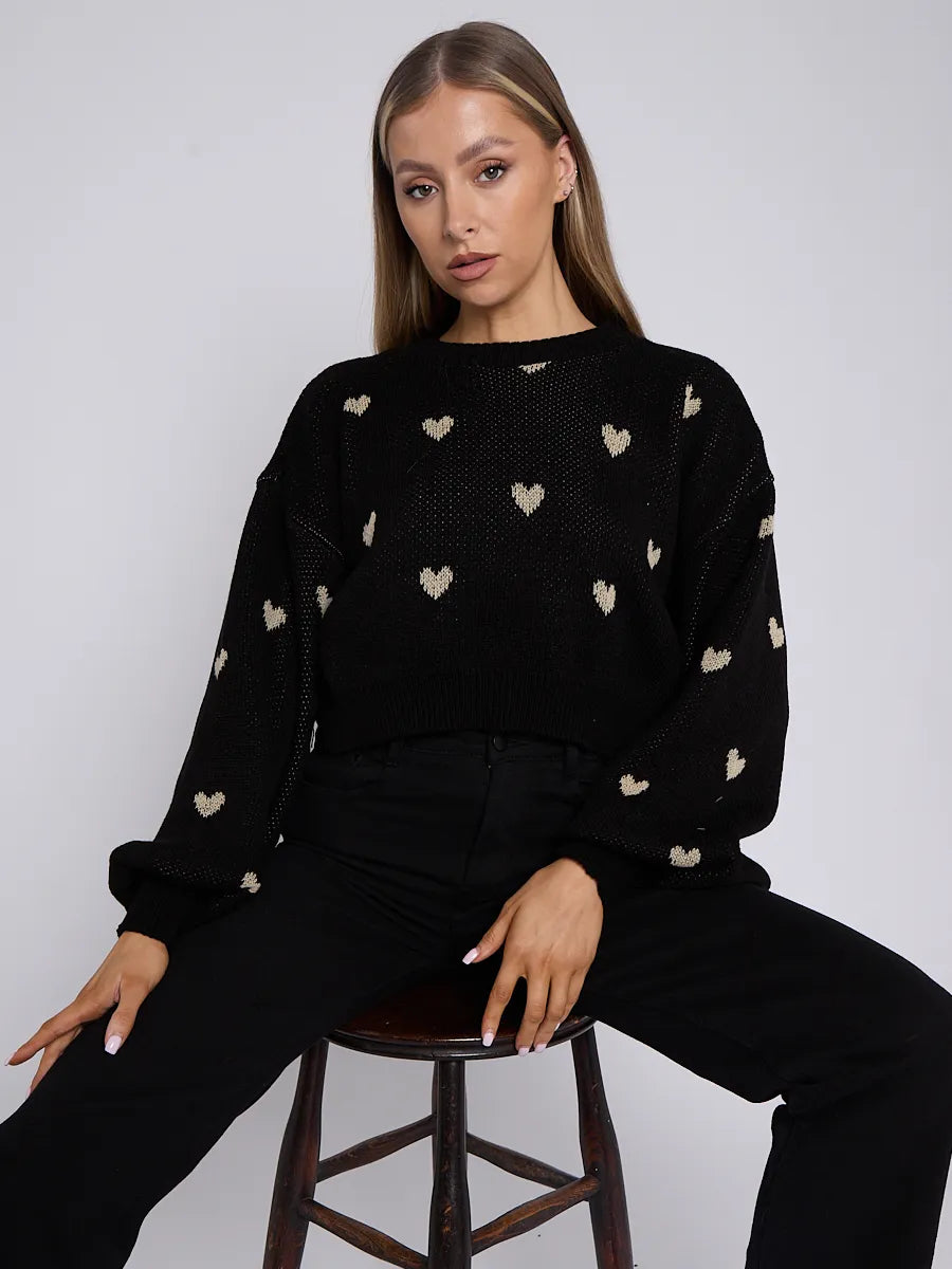 Black Love Heart Detail Oversized Cropped Knitted Jumper