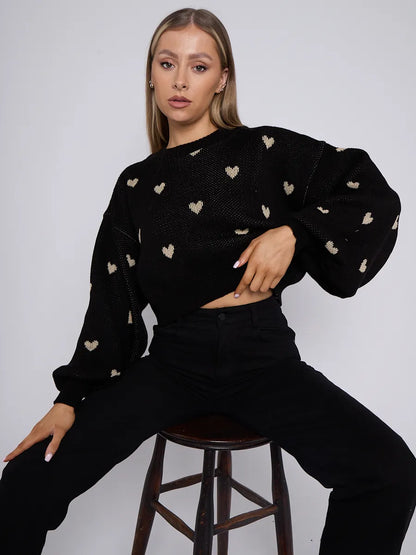 Black Love Heart Detail Oversized Cropped Knitted Jumper