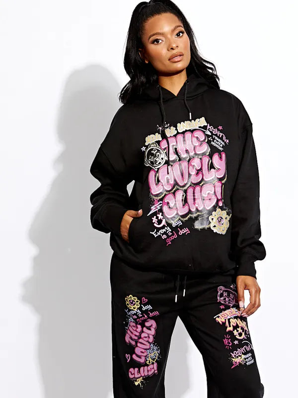 Black Lovely Club Graphic Hoodie & Jogger Fleece Loungewear Co-ord