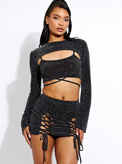 Black Lurex 3 Piece Crop Top & Lace Up Mini Skirt Co-ord Set