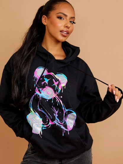 Black Multicolour Teddy Bear Graphic Print Hoodie