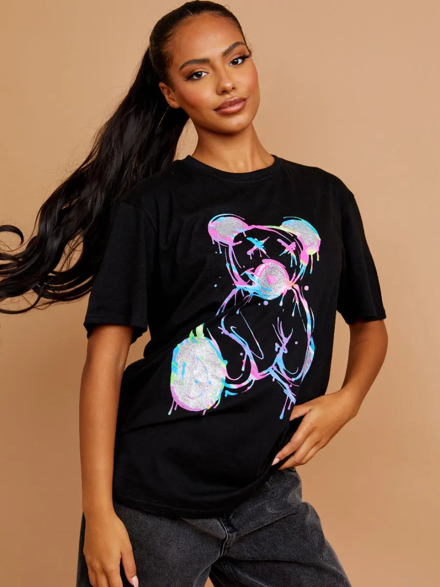 Black Multicolour Teddy Bear Graphic Printed Oversized T-Shirt