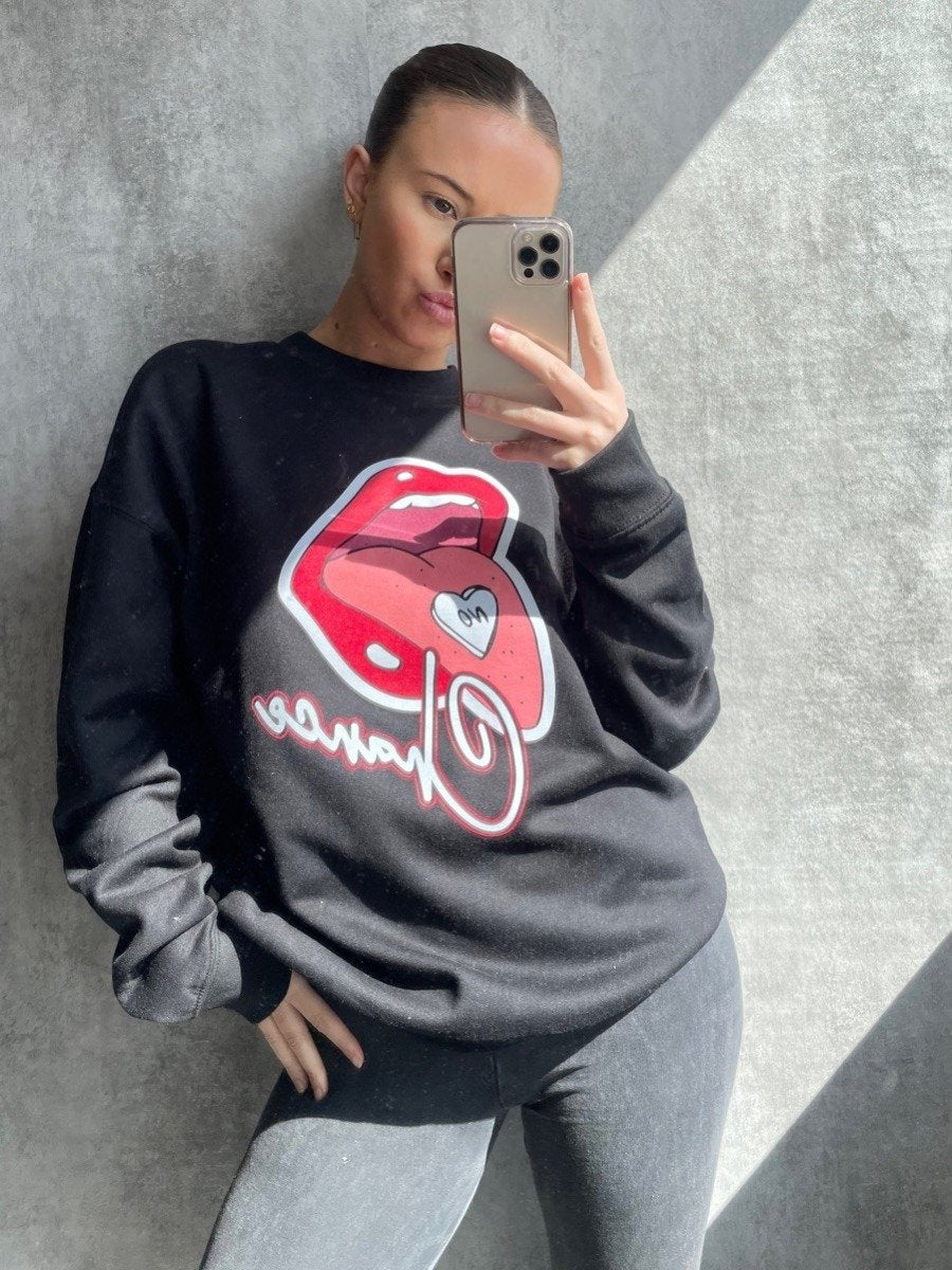 Black No Chance Tongue Graphic Sweatshirt Jumper