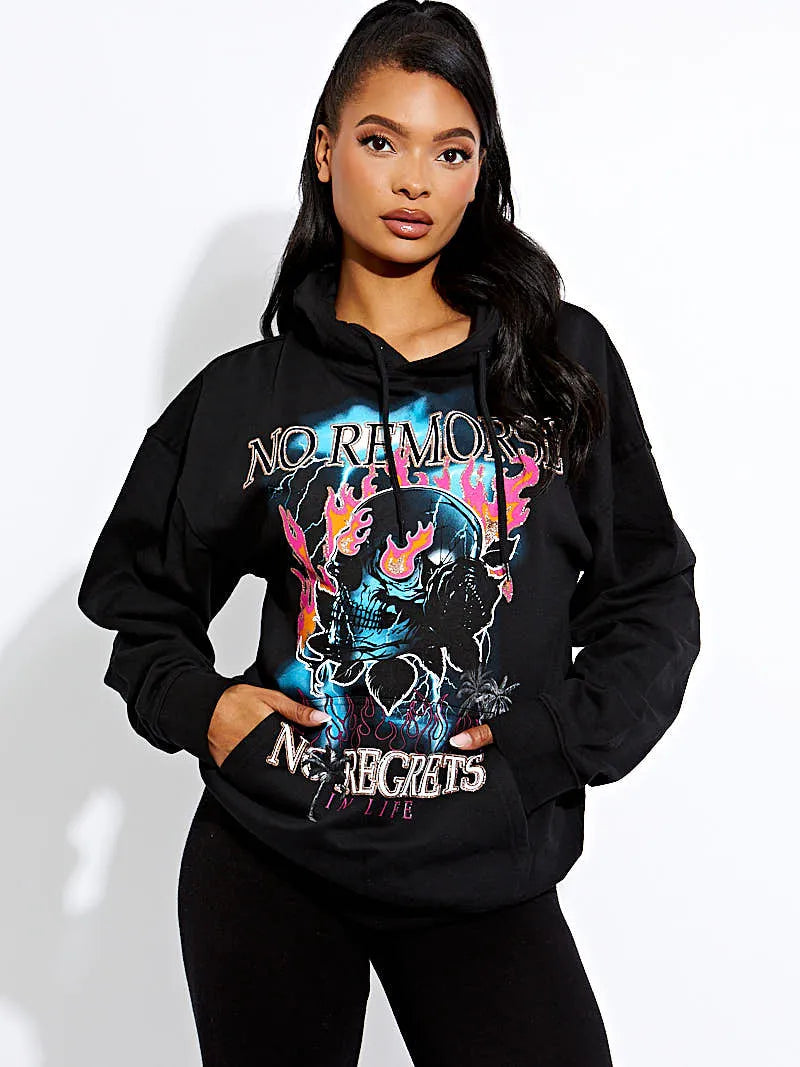 Black No Remorse Skull Graphic Print Hoodie