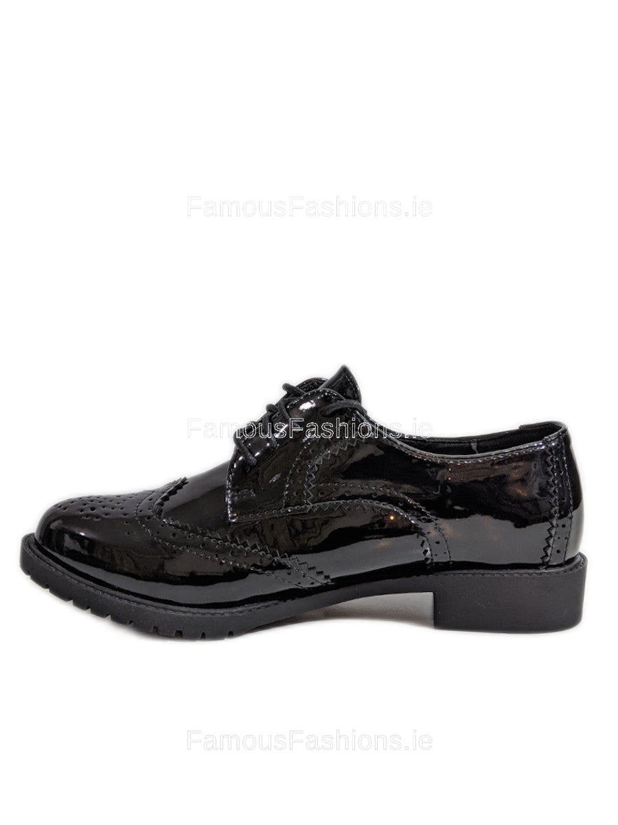 Black Patent Brogue Lace Up Flat Shoes