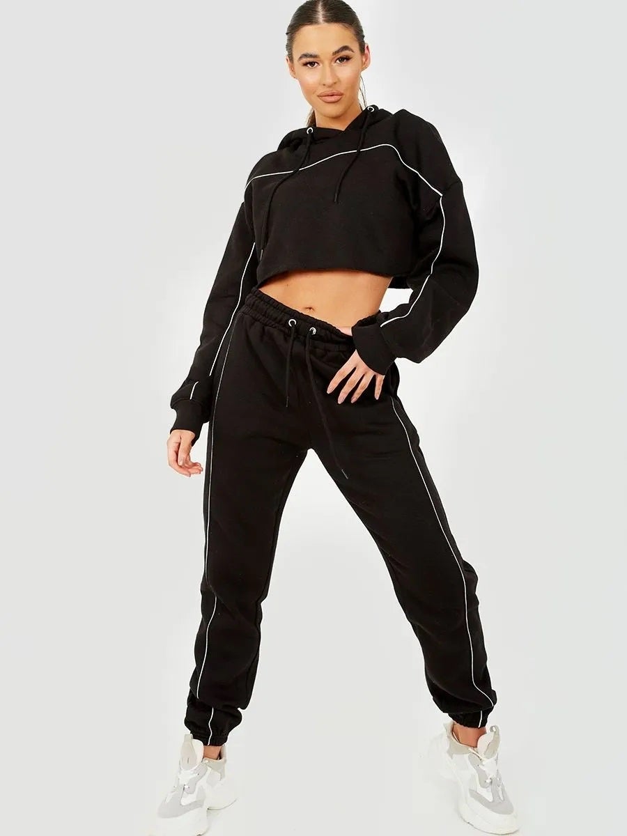 Black Piping Detail Cropped Hoodie & Jogger Co-Ord Set