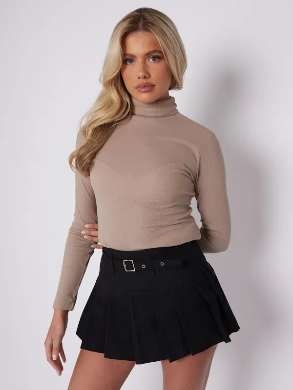 Black Pleated Mini Plain Tennis Skort With Belt