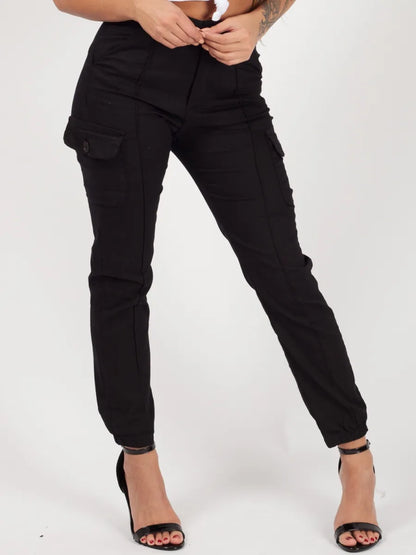 Black Pocket Cuffed Hem Cargo Trousers