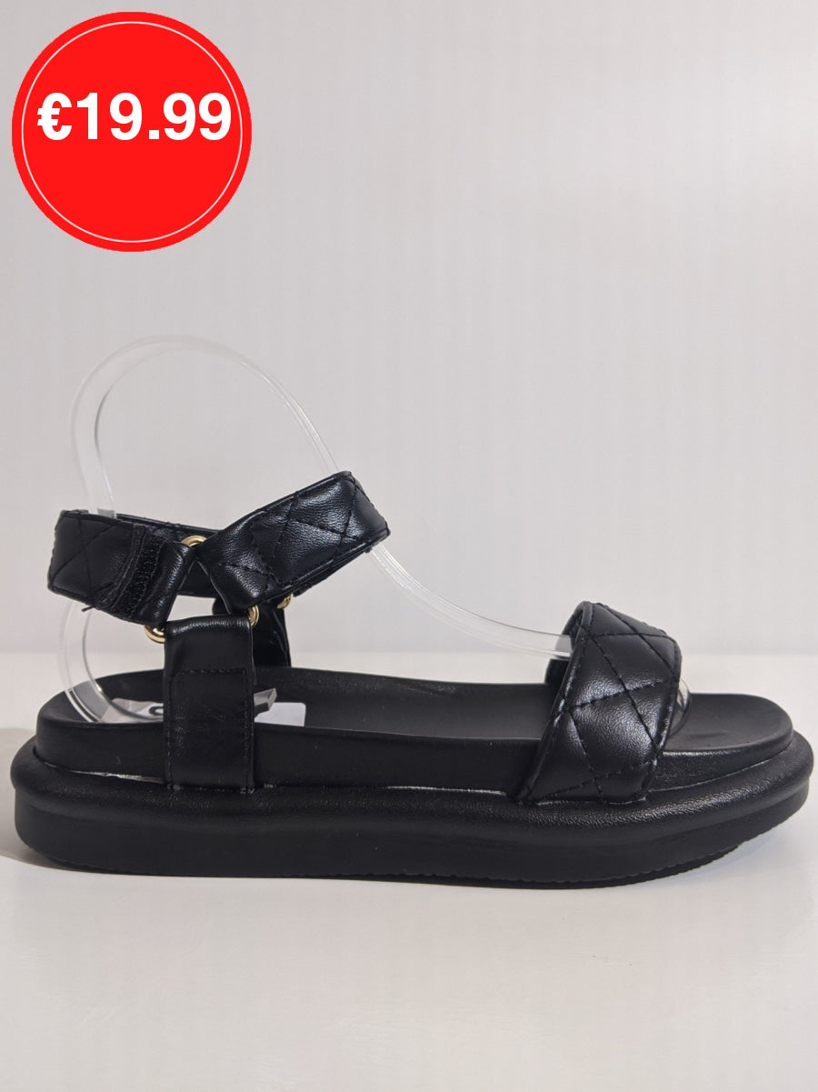 Black Quilted Velcro Strap Chunky Platform Sandal