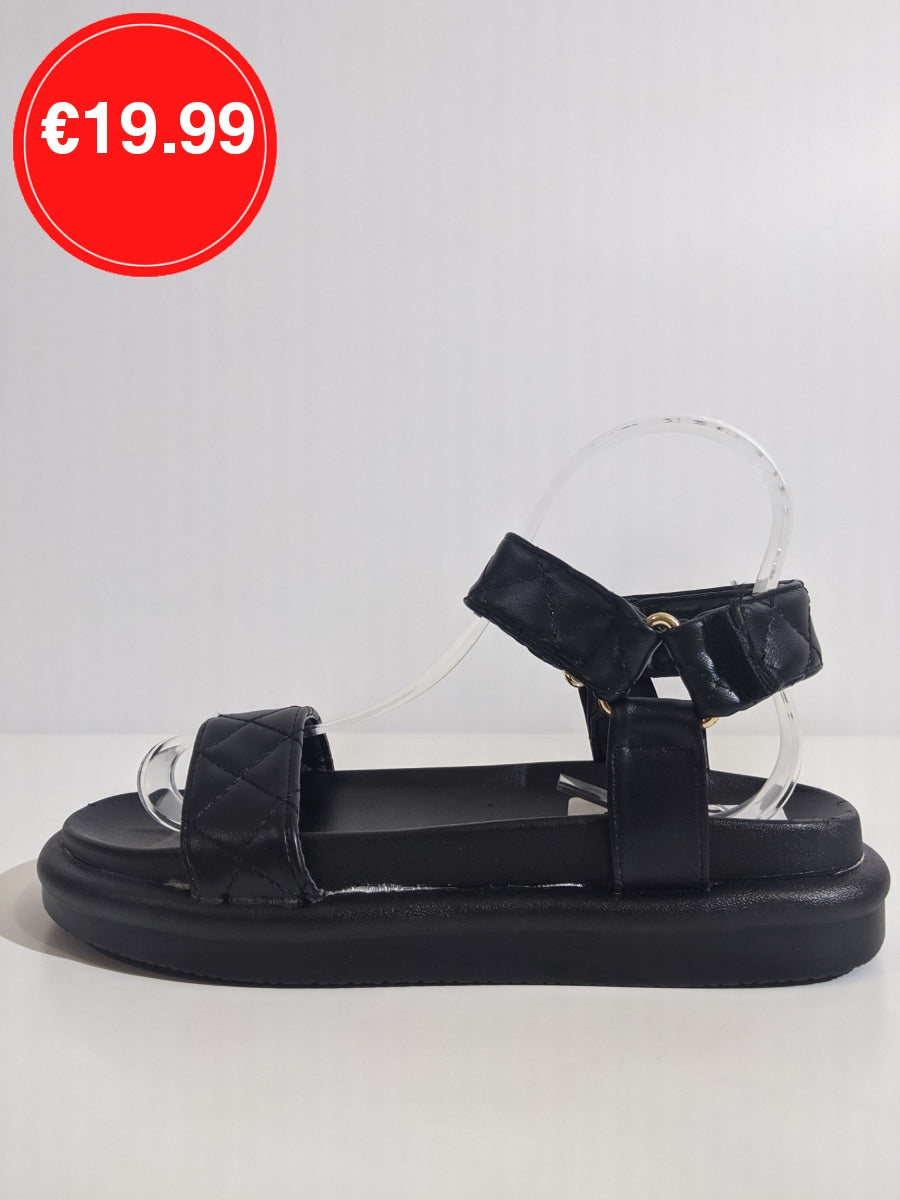 Black Quilted Velcro Strap Chunky Platform Sandal