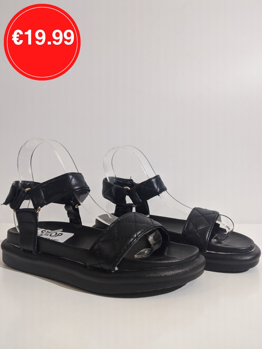 Black Quilted Velcro Strap Chunky Platform Sandal