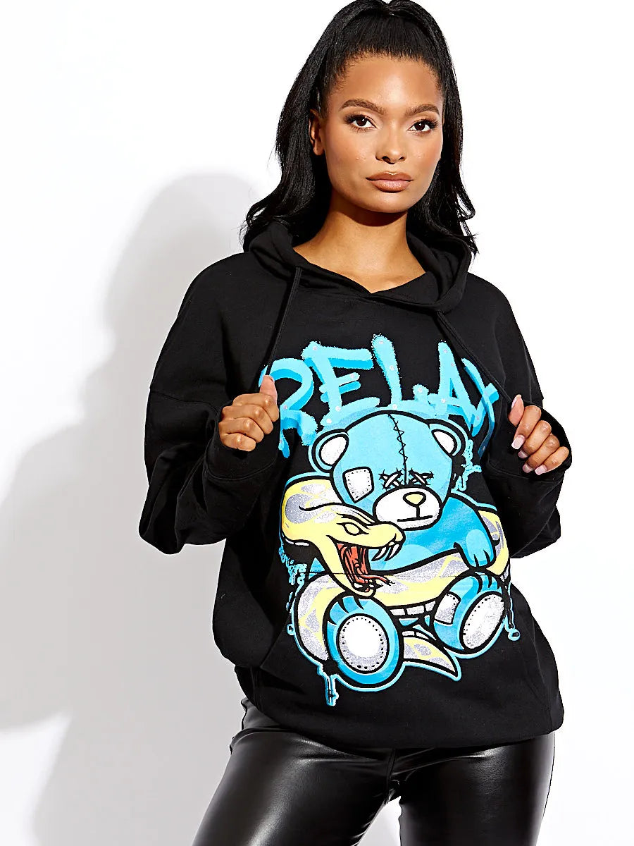 Black Relax Snake Teddy Bear Graphic Print Oversized Hoodie